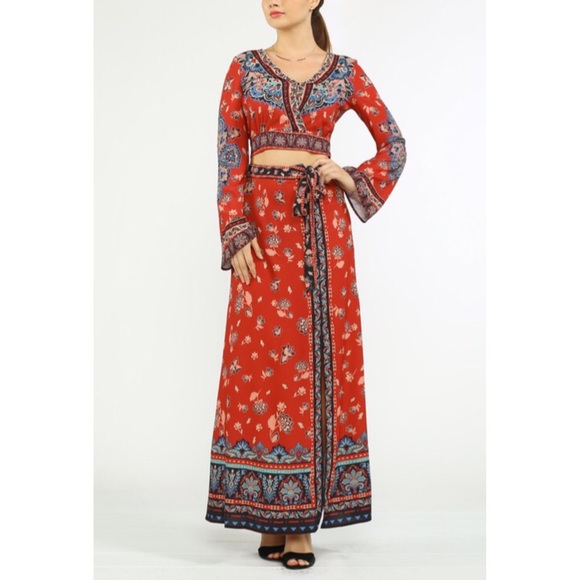 Jealous Tomato Bohemian Maxi Skirt Tie Waist Slit - Picture 9 of 9